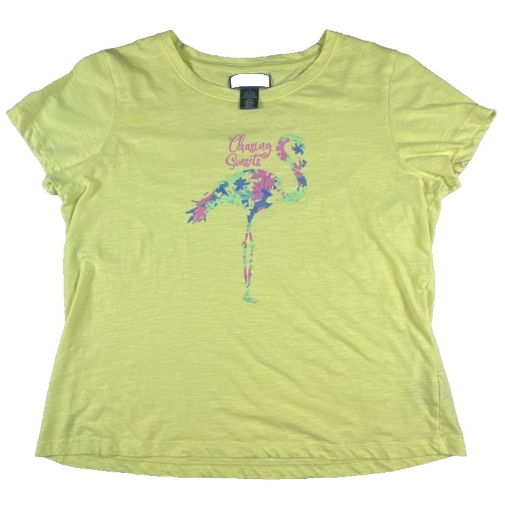 Island Collection "Chasing Sunsets" Flamingo Women's Yellow‎ T-Shirt Size Large